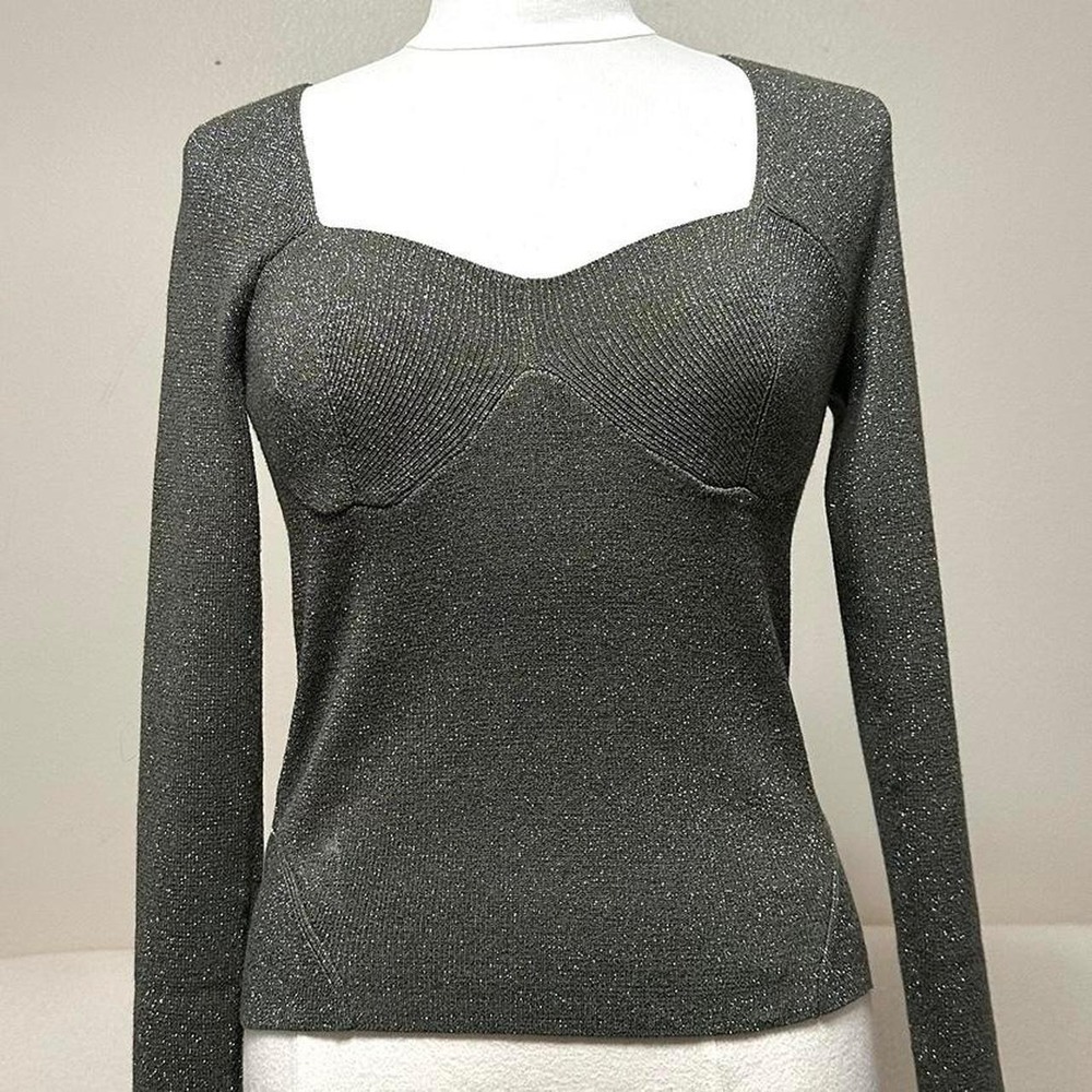 House of Harlow 1960 Fall Metallic Sweetheart Knit Brunch Top Womens M Silver